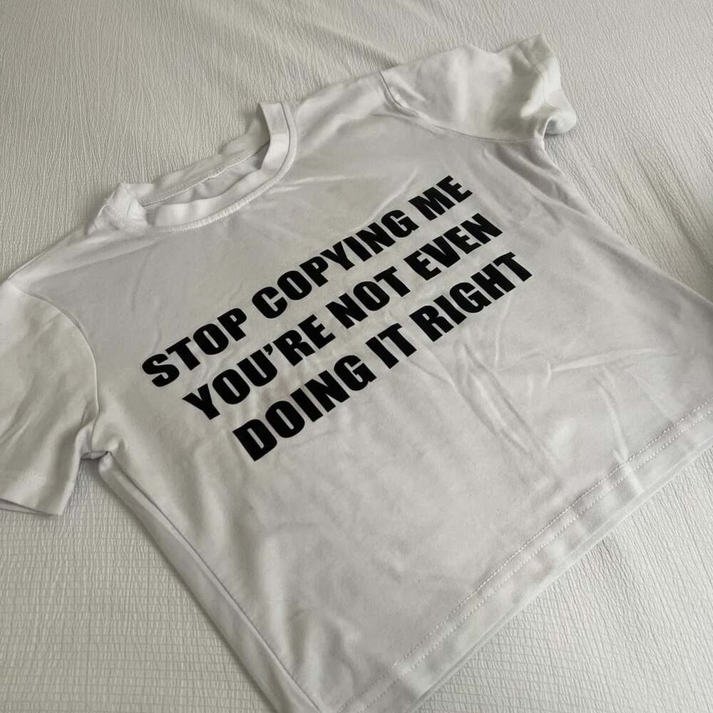 SHEIN Stop Copying Me Baby Tee Size S White Graphic Crop Top
